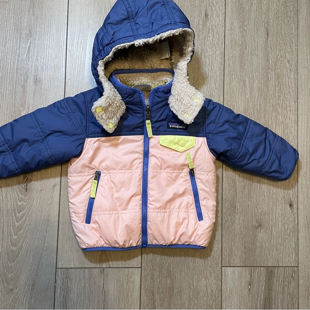 Patagonia Baby Reversible Puff-Ball Jacket - Blue Pink, Sherpa Lined Hooded 12 M - Picture 2 of 10